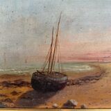 Oil on cardboard depicting a boat on a rocky coast