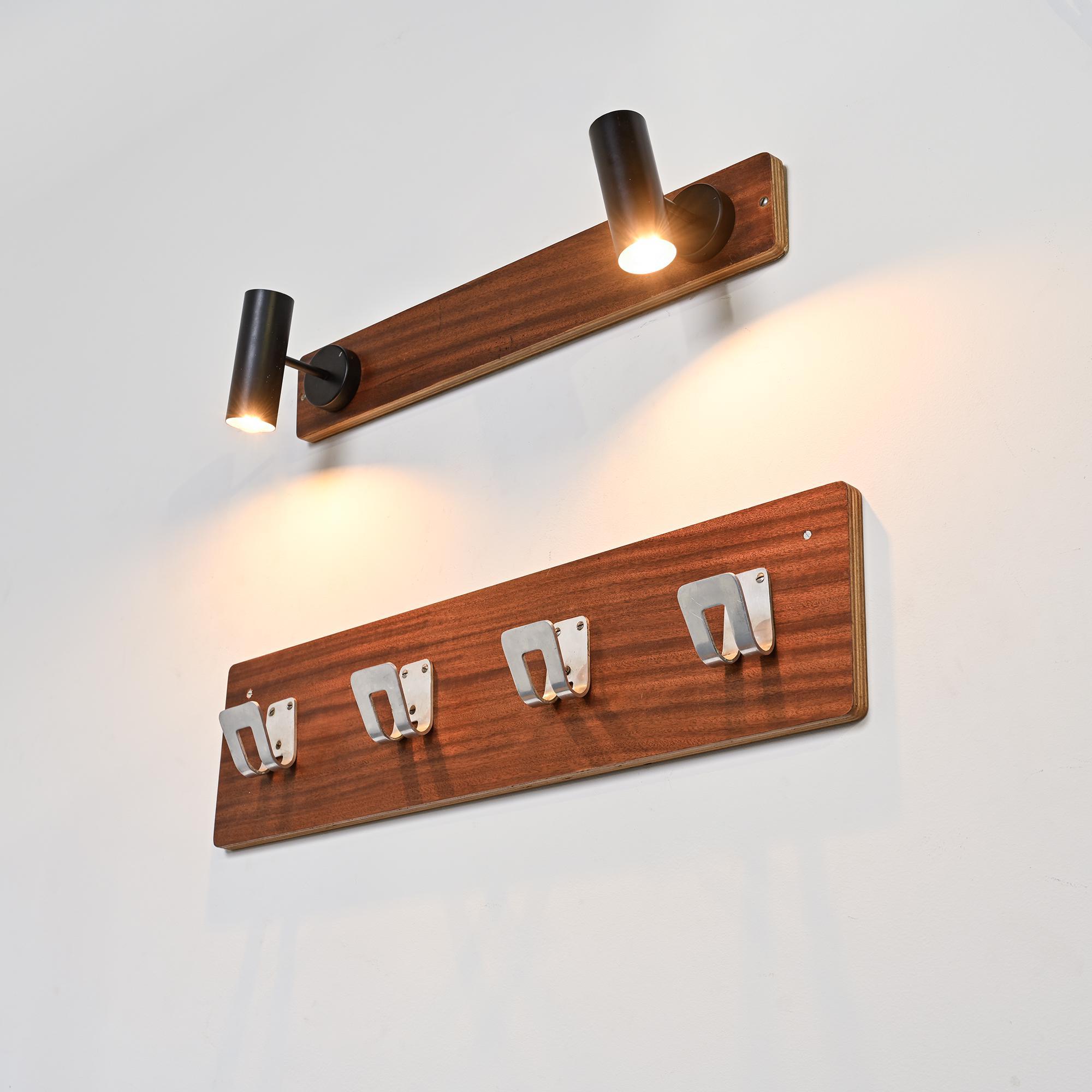 Wall coat rack and lights by Pierre Guariche for La Plagne, around 1968.