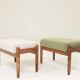 Set two footrest in vintage style, boucle upholstery, wooden pouffe