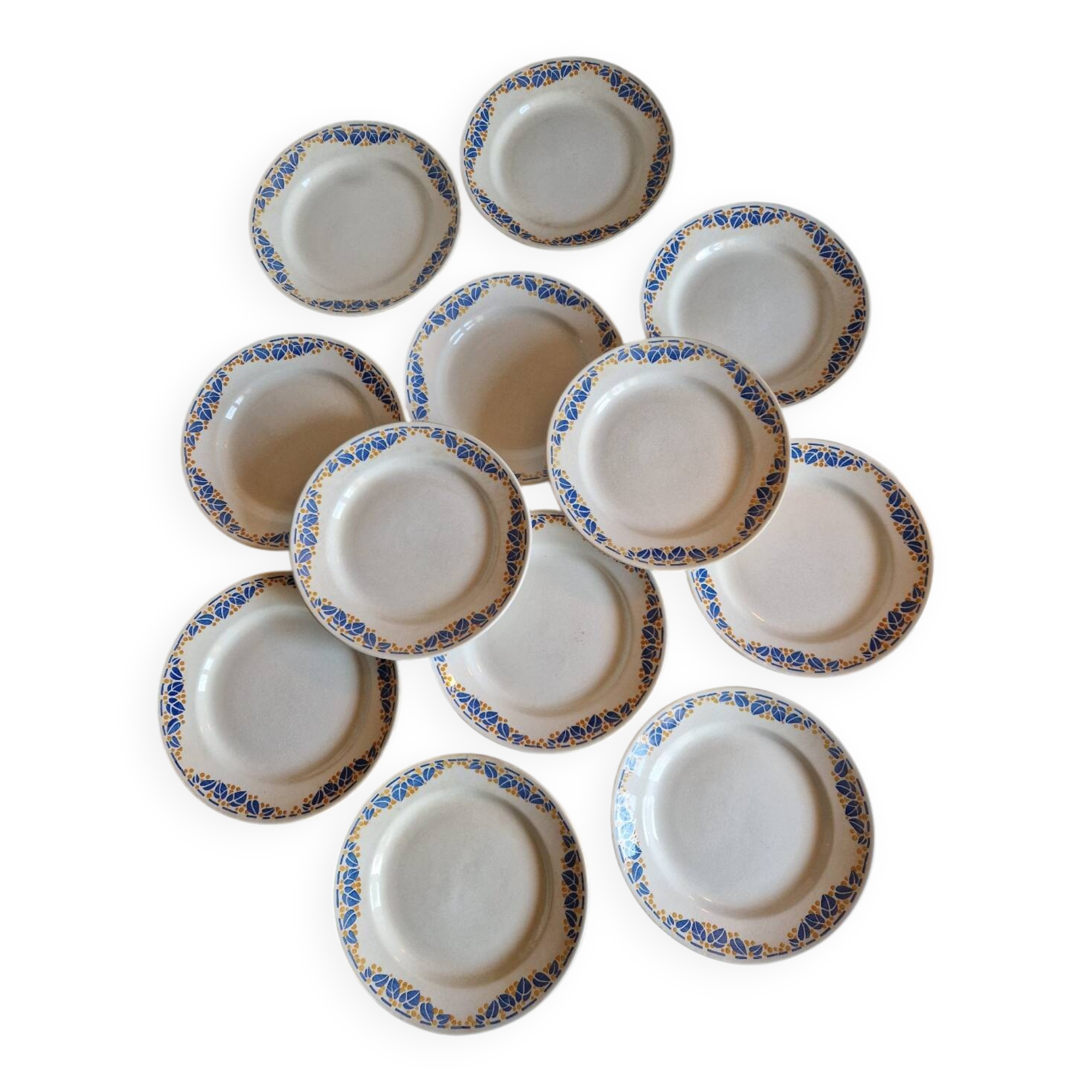 Set of 12 antique Art Deco plates, earthenware from Creil Montereau.