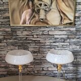 Pair of brass and Clichy glass lamps