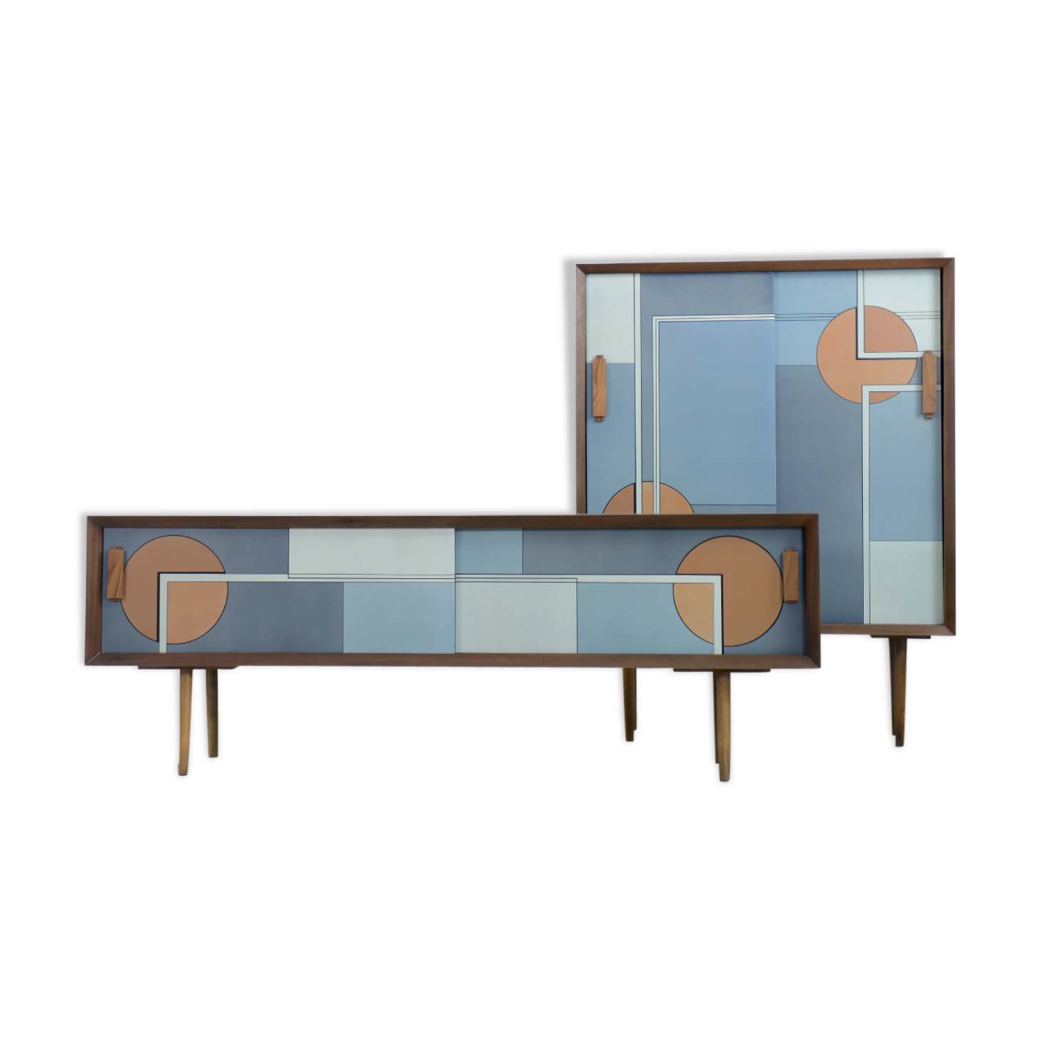 Set of 2 mid-century modern scandinavian hand-painted birch cabinet & sideboard, 1960s