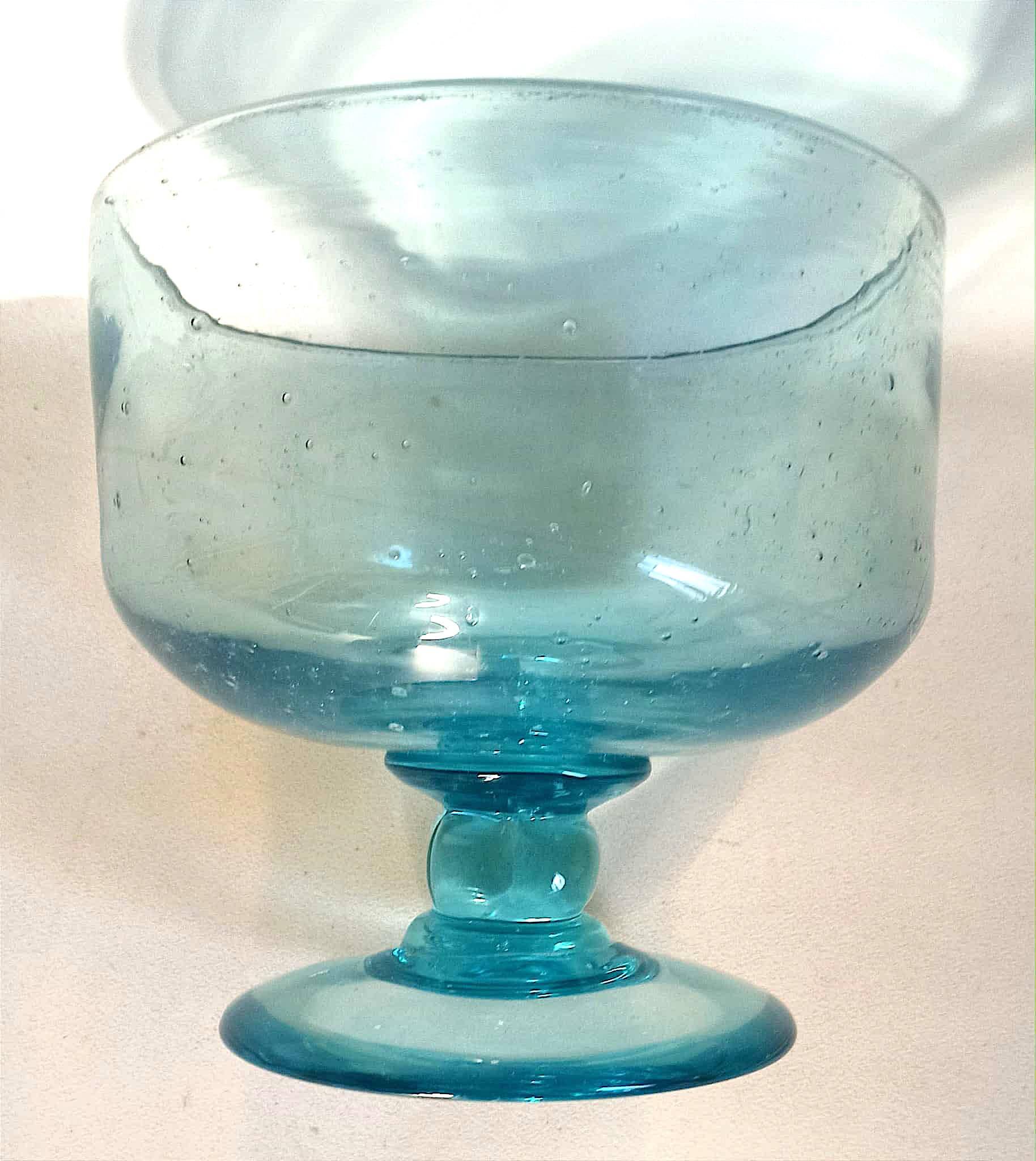 Footed bowl, 1970s, blue bubble glass, 26 cm diameter