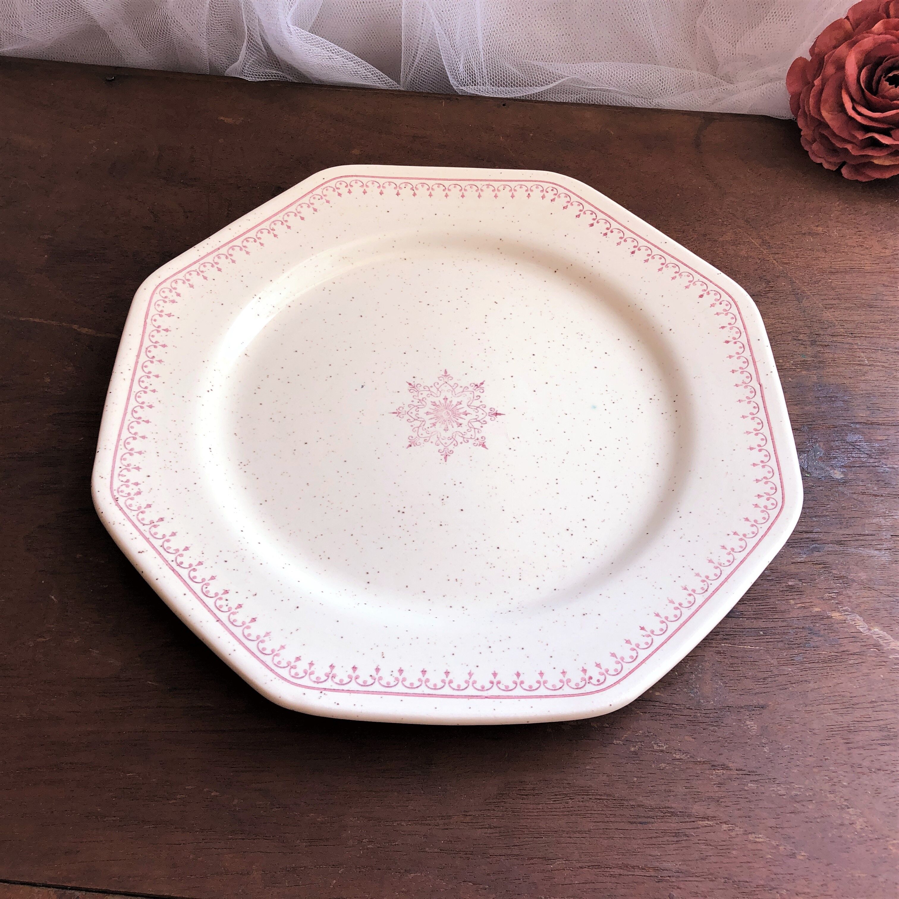 Old pink speckled beige dessert plate from the Dentelle St Amand collection