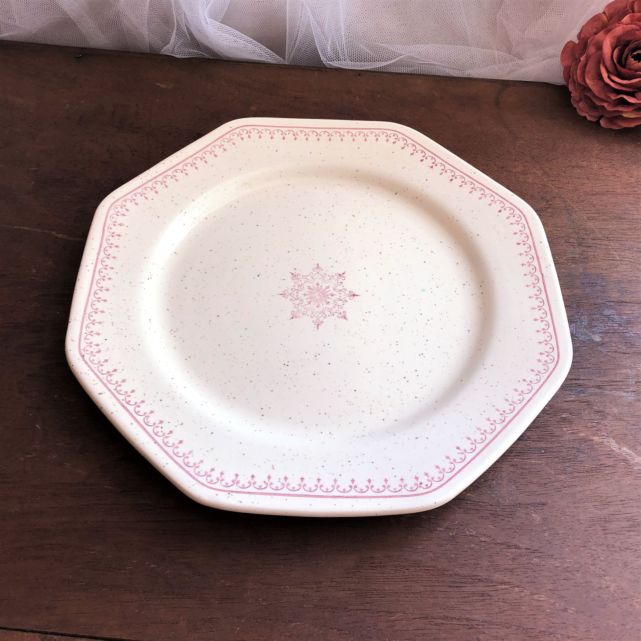 Old pink speckled beige dessert plate from the Dentelle St Amand collection