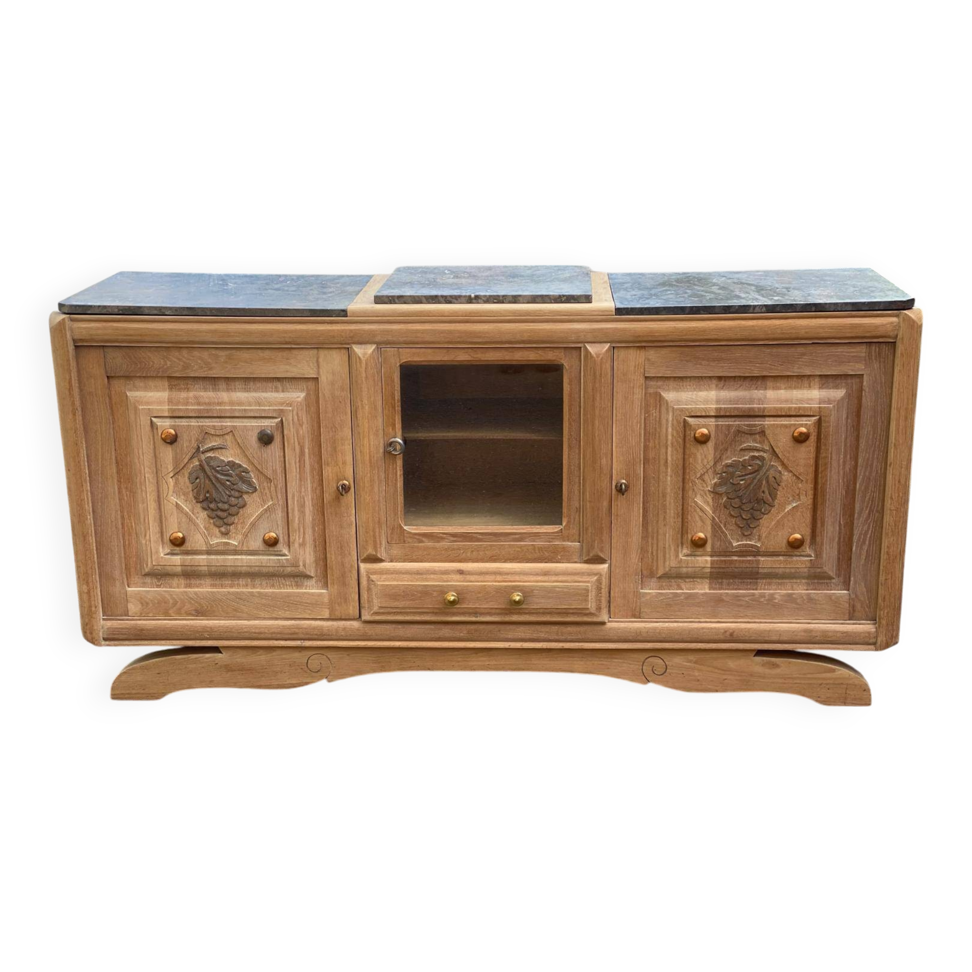 Renovated art deco sideboard in solid raw oak and gray marble 186cm
