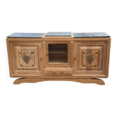 Buffet enfilade art déco rénovée en chêne massif brut et marbre gris 186cm