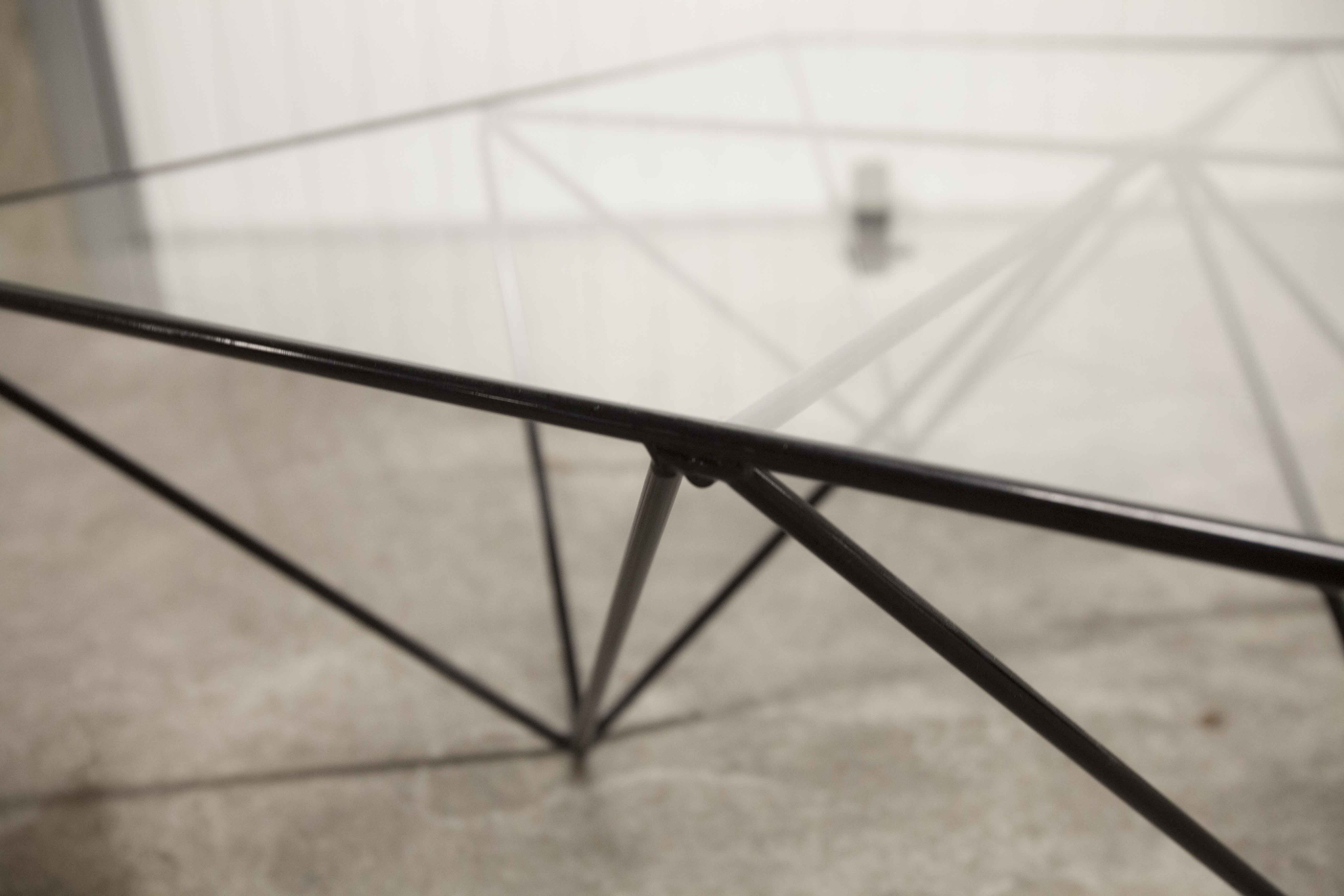 Square coffee table in glass and black satin metal 1980