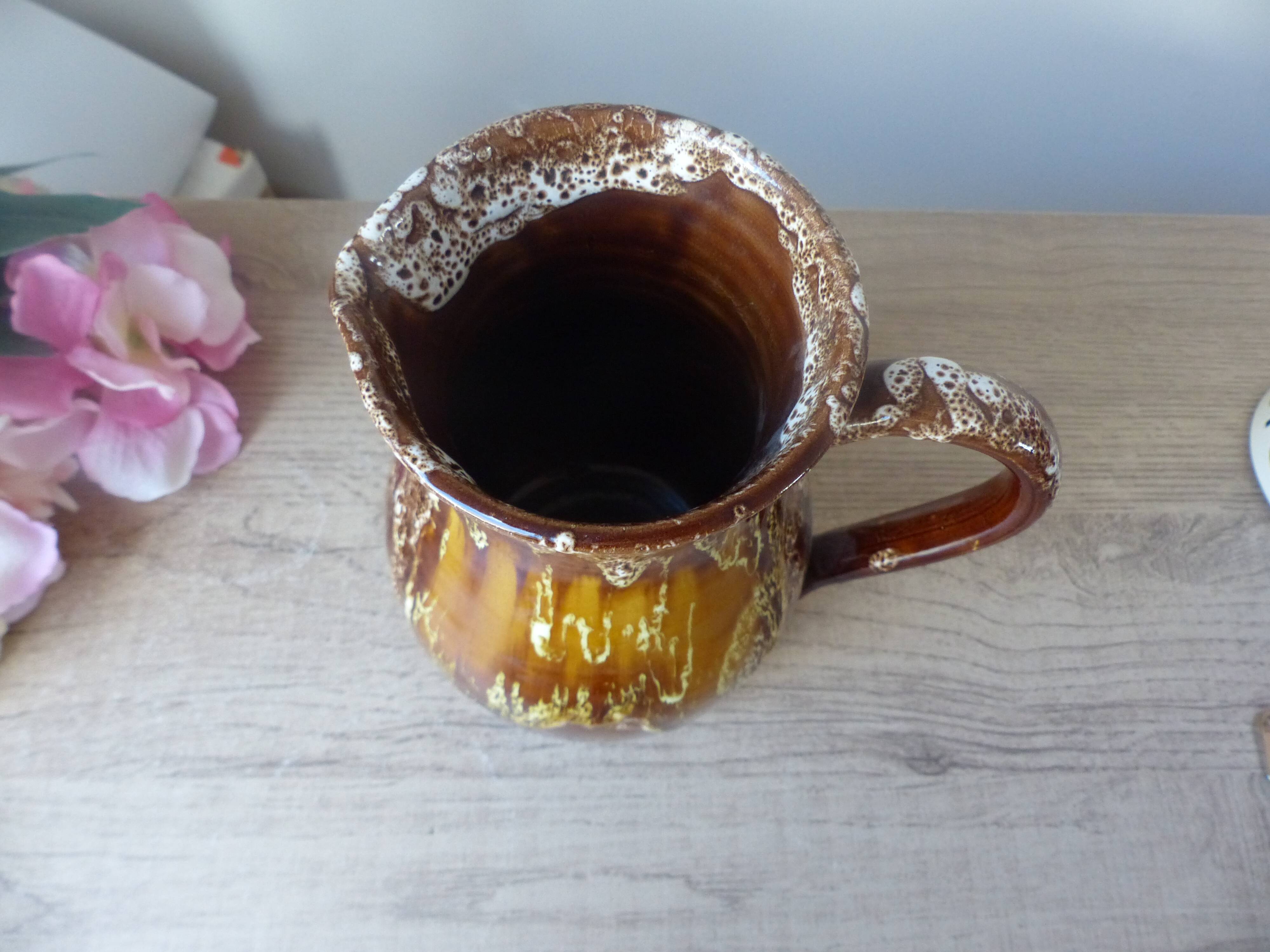 Old brown ceramic water jug pitcher, rustic country house pitcher 1970s