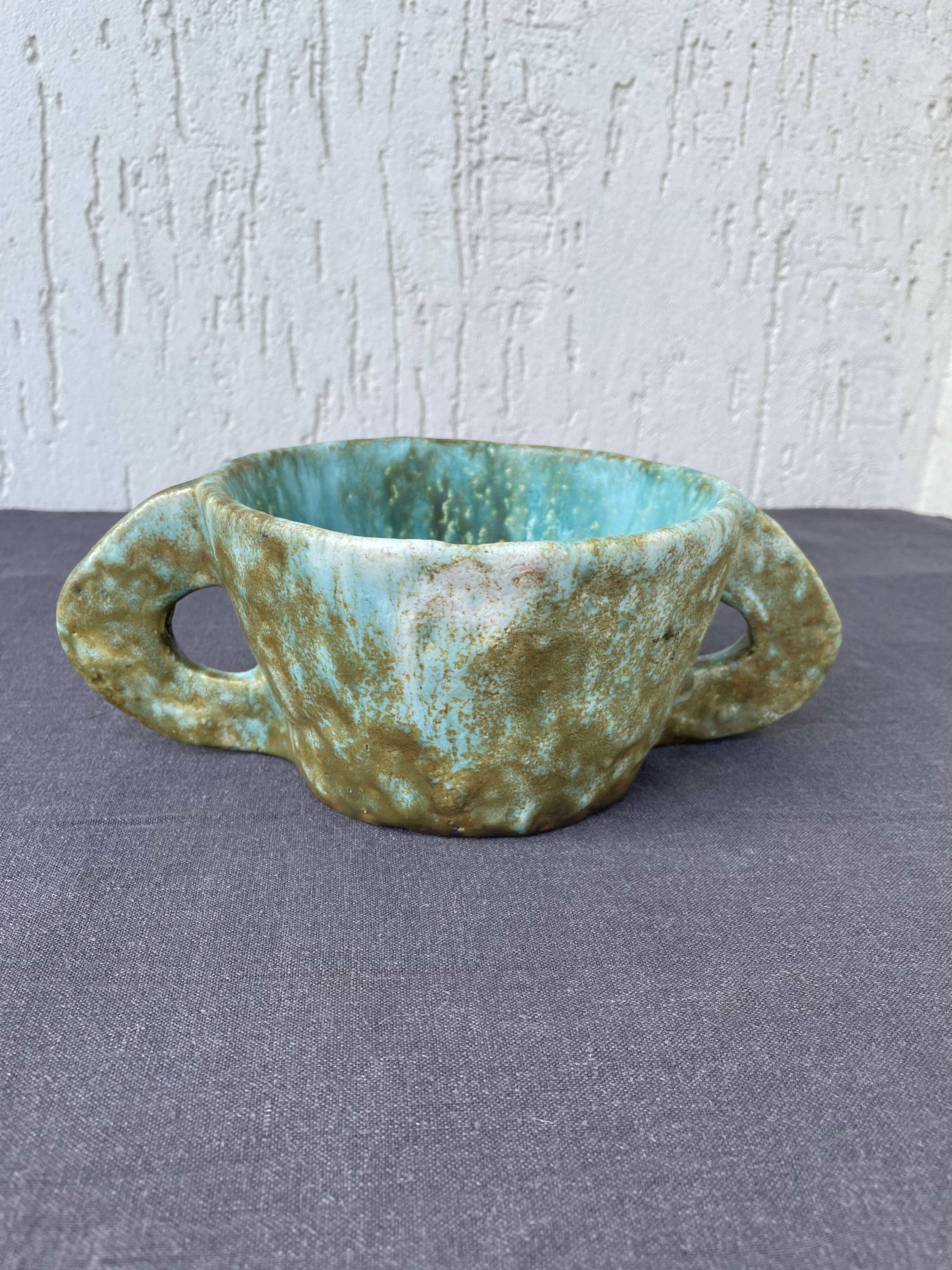 Stoneware bowl with handles, signed handmade ceramic.