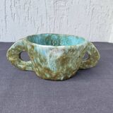Stoneware bowl with handles, signed handmade ceramic.