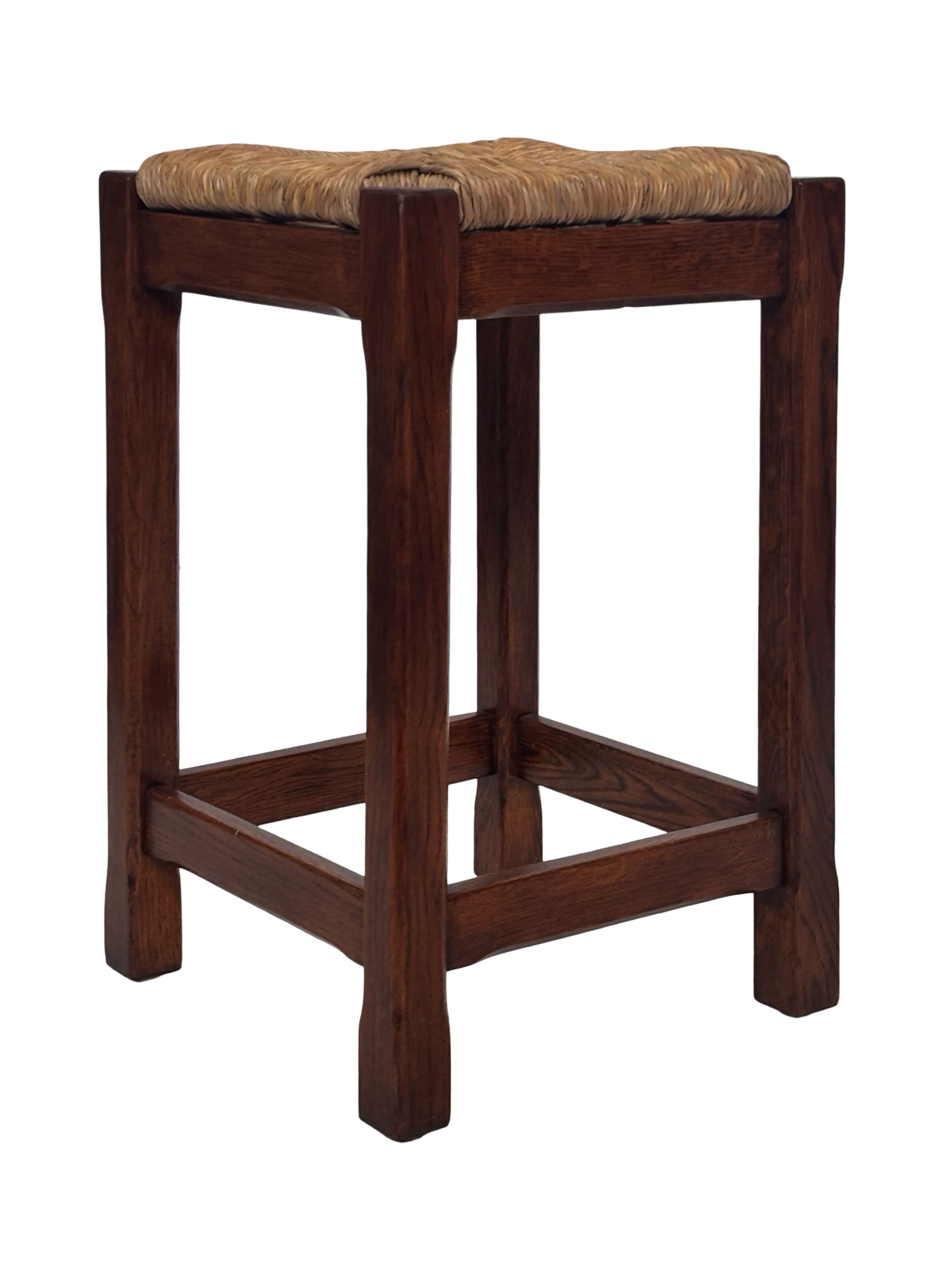 Vintage rattan stool with oak, 60s wabi sabi design, minimalist