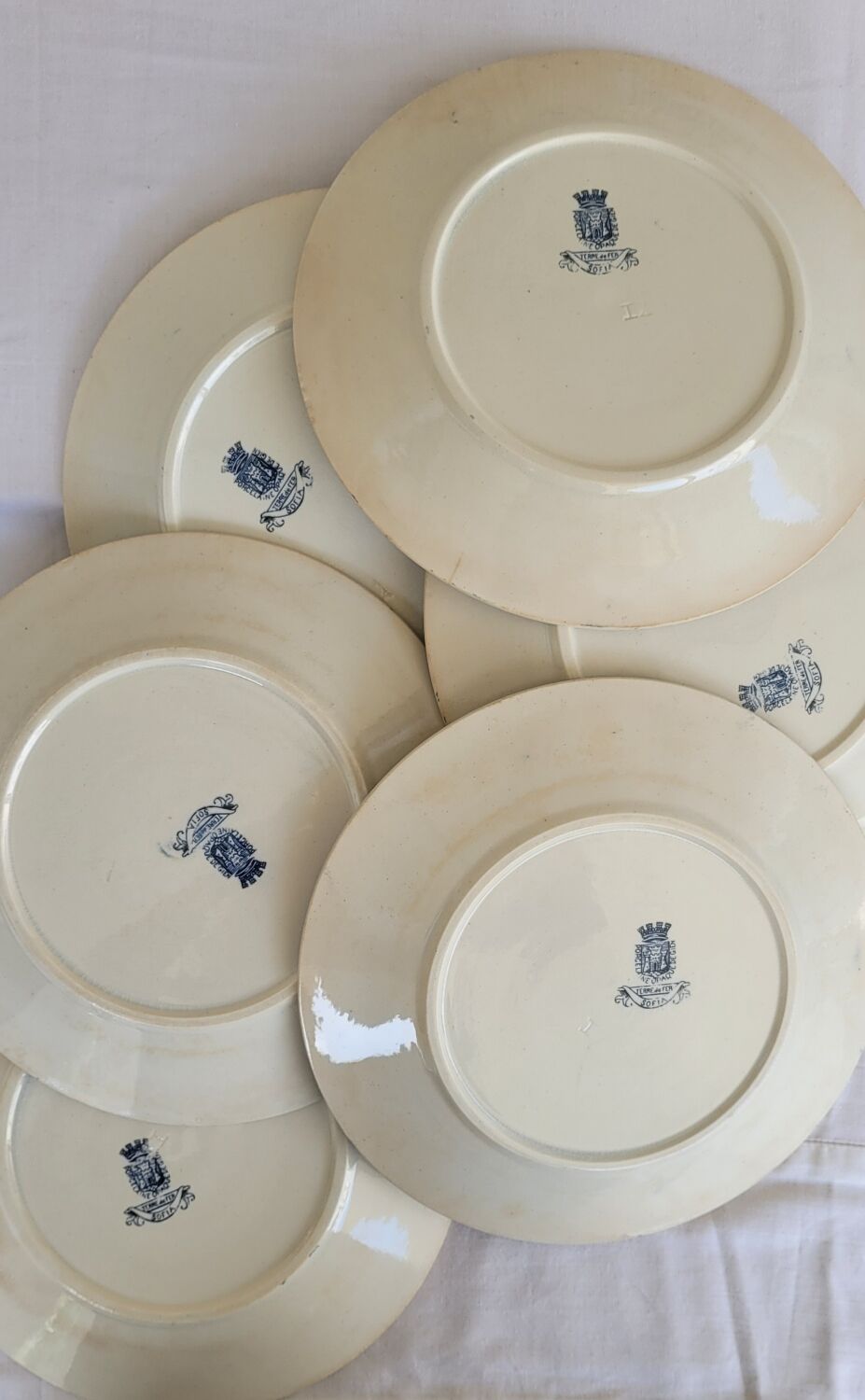 Set of 6 flat plates model Sofia Gien Terre de fer border flowery blue and fo d cream