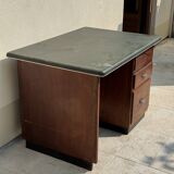 Modernist desk in wood and green moleskin upholstery