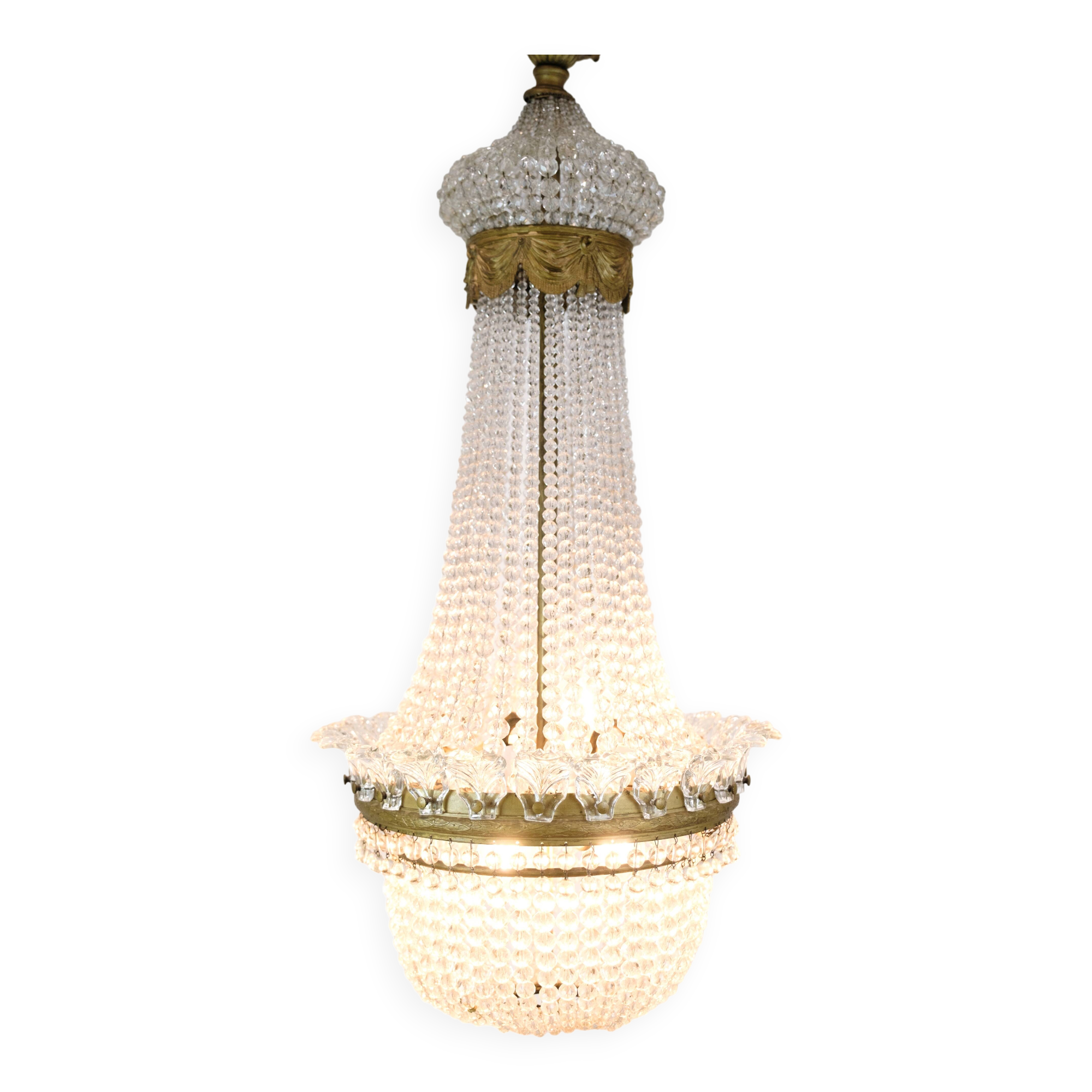 Antique Prism Chandelier Decorated In Brass, Bronze & Crystals From 1890s