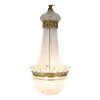 Antique Prism Chandelier Decorated In Brass, Bronze & Crystals From 1890s