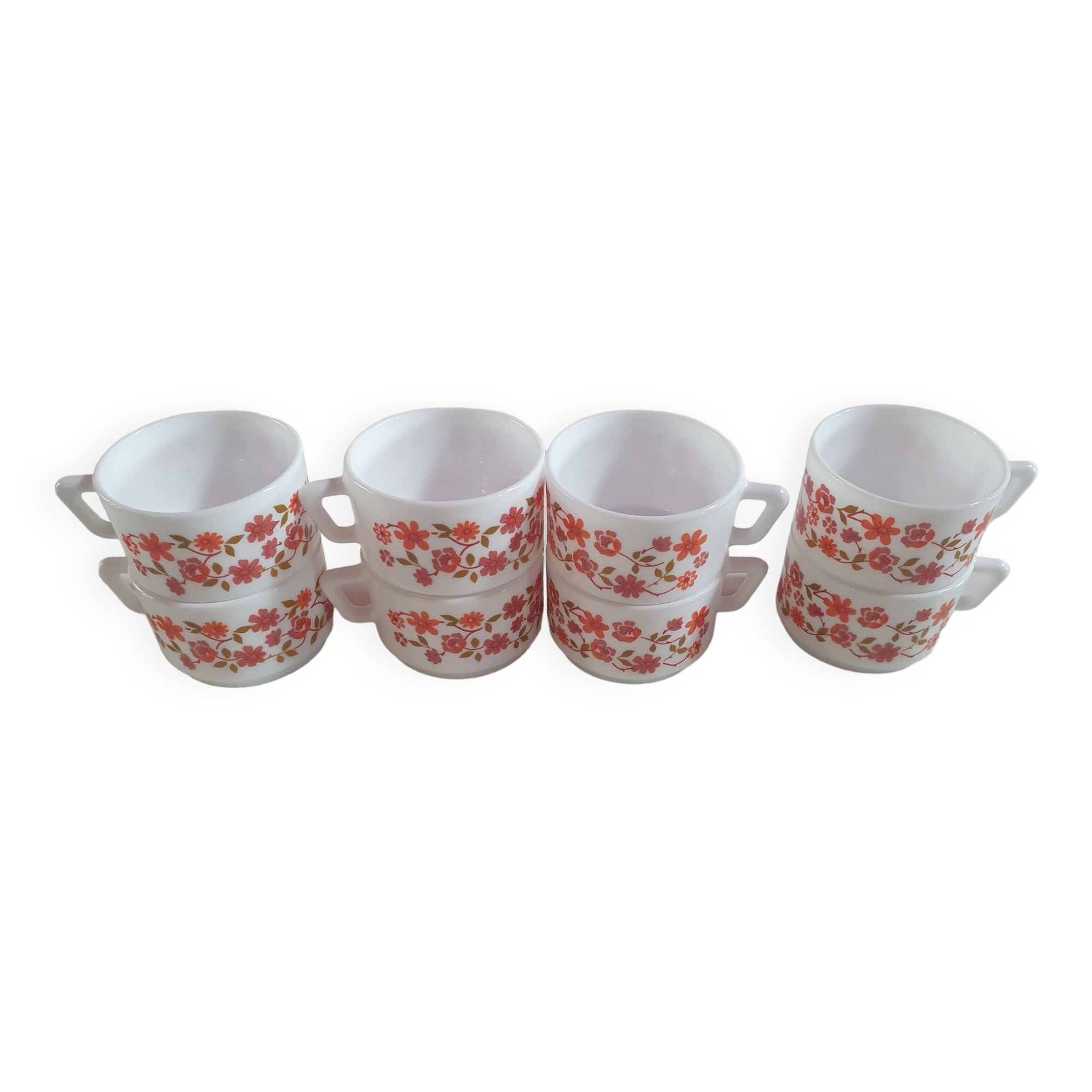 set of 8 small vintage Arcopal Scania cups with small orange liberty flowers from the 70s