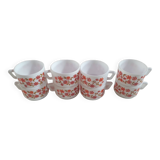 set of 8 small vintage Arcopal Scania cups with small orange liberty flowers from the 70s