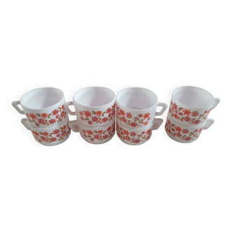 set of 8 small vintage Arcopal Scania cups with small orange liberty flowers from the 70s