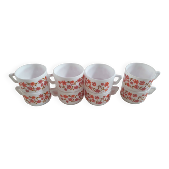 Lot de 8 tasses arcopal scania, décor de fleurs liberty oranges, années 70