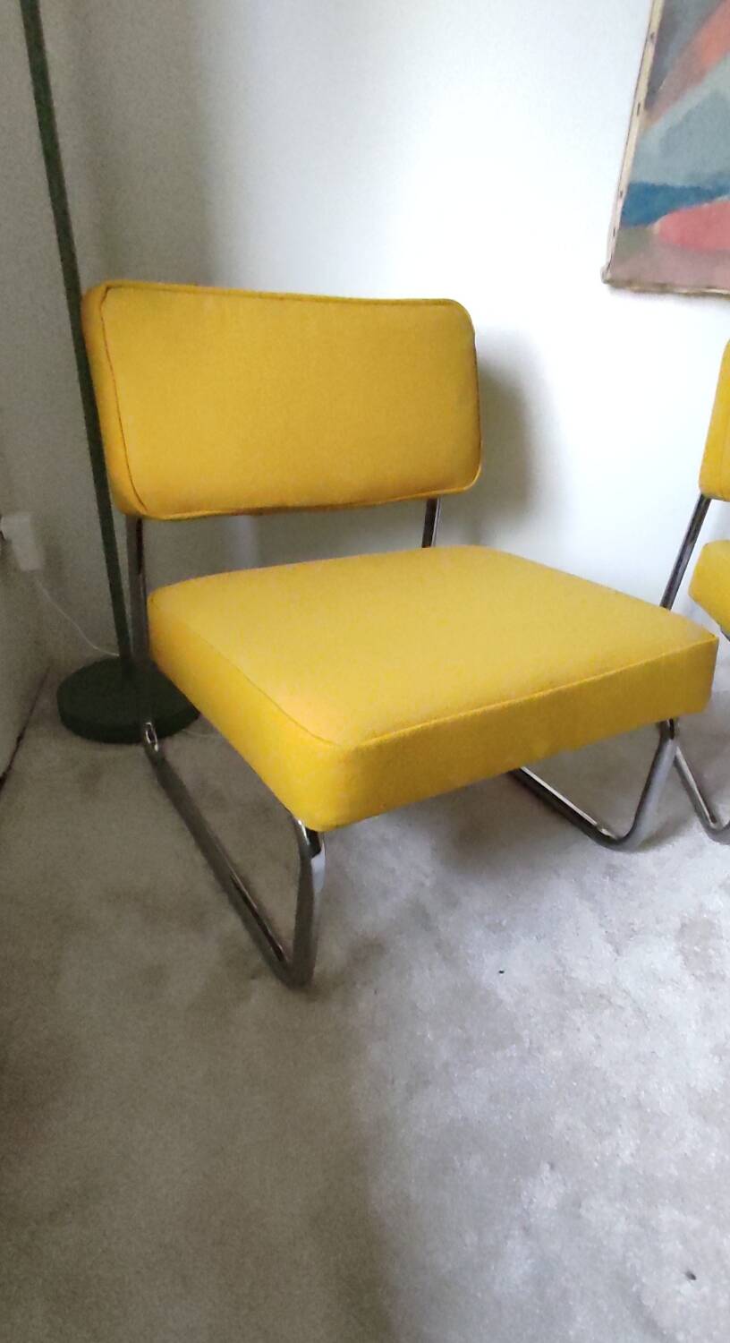 Pair of 70s low chairs with chrome tubing