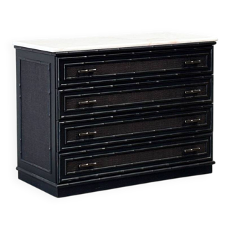 Meuble en rotin noir avec plateau en marbre