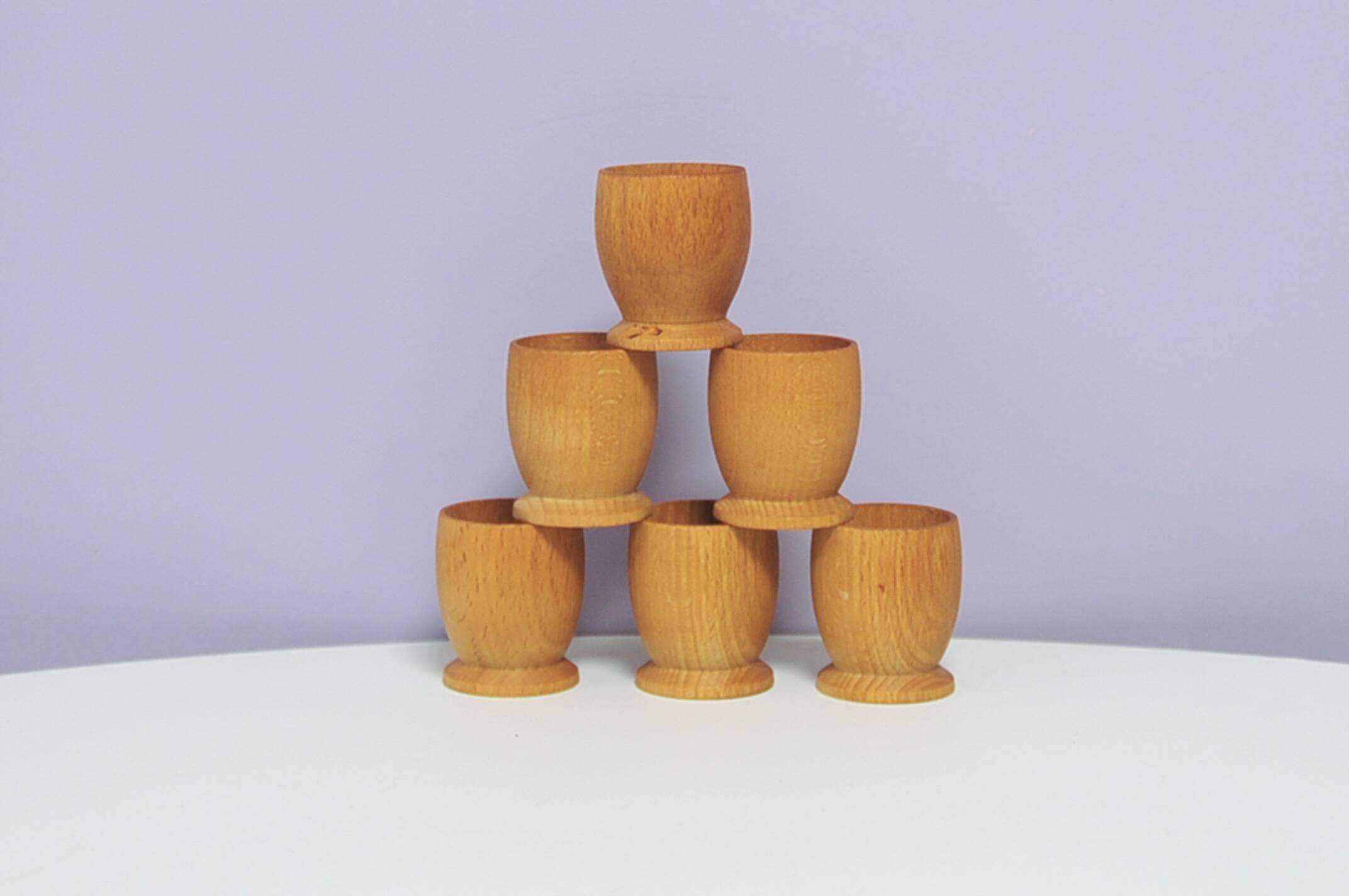Set of 6 brown wooden egg cups