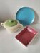Trio of textured turquoise green and raspberry earthenware from Salins-les-Bains.