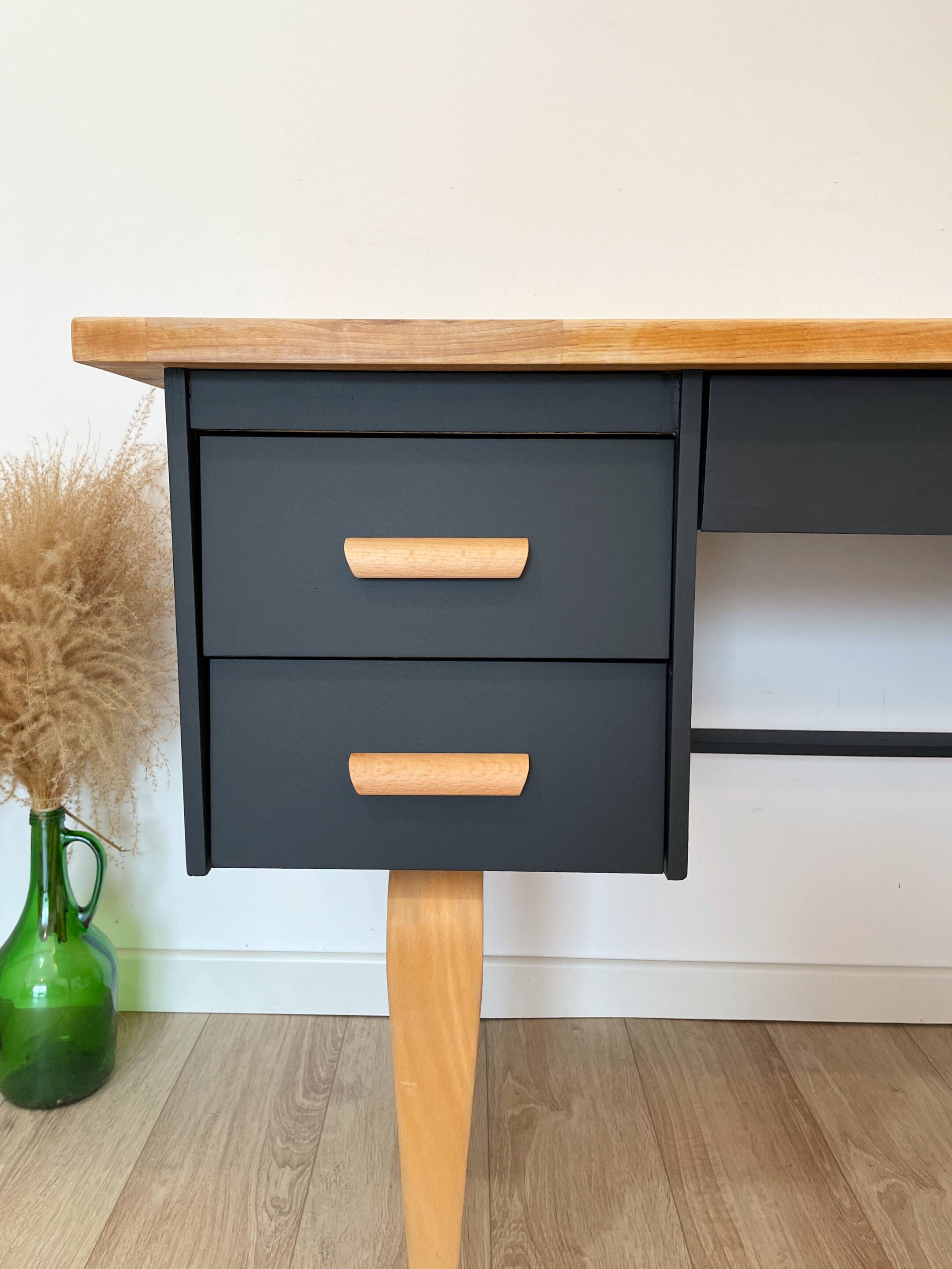 Vintage desk, Scandinavian style, Black lacquer and Beech