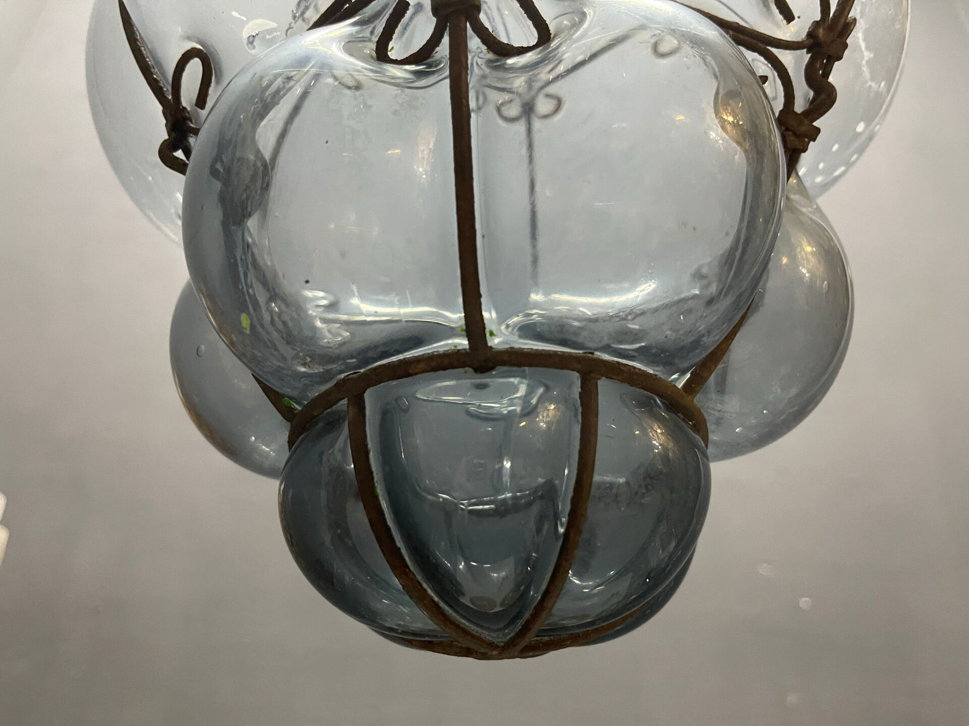 Wrought Iron Tinted Blue Murano Glass Light Pendant 1960’s