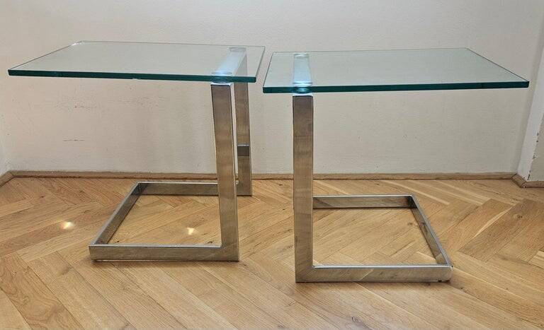 Pair of Midcentury Cantilevered Glass & Chrome Coffee Tables GEBRA, 1980s