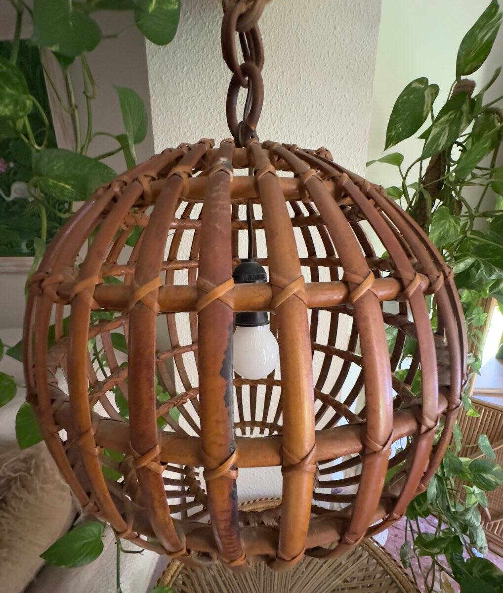 Large Italian spherical wicker pendant light, 1950s.
