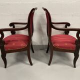 Pair of empire period armchairs in mahogany and silk