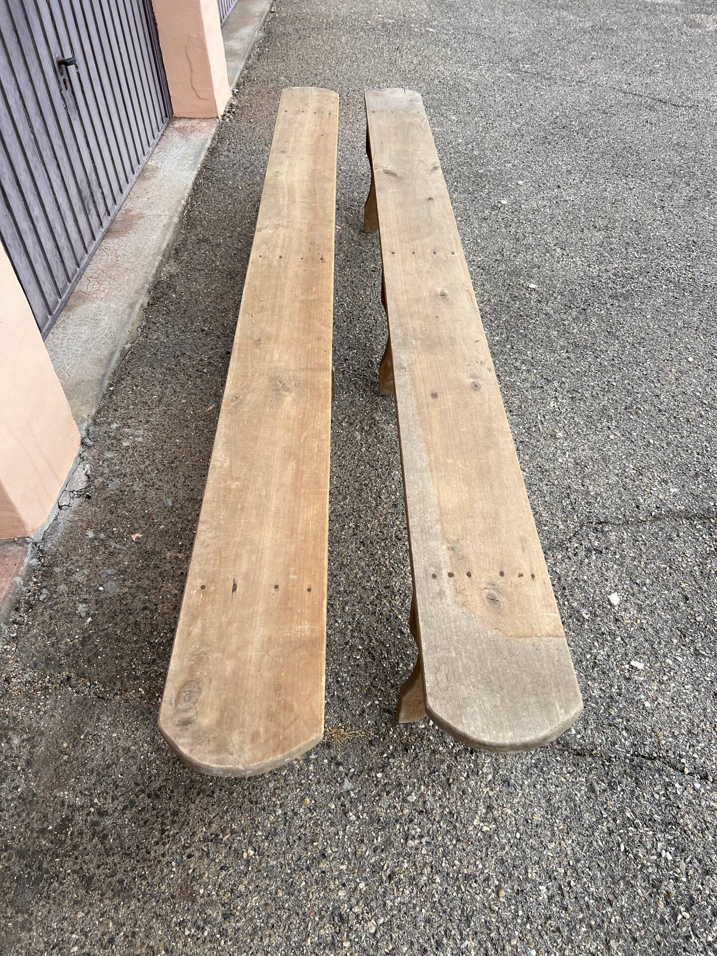 Pair of long benches in natural solid wood, French artisanal craftsmanship.