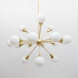 Mid-Century Modern Italian Brass and Glass Opaline Large Sputnik Chandelier