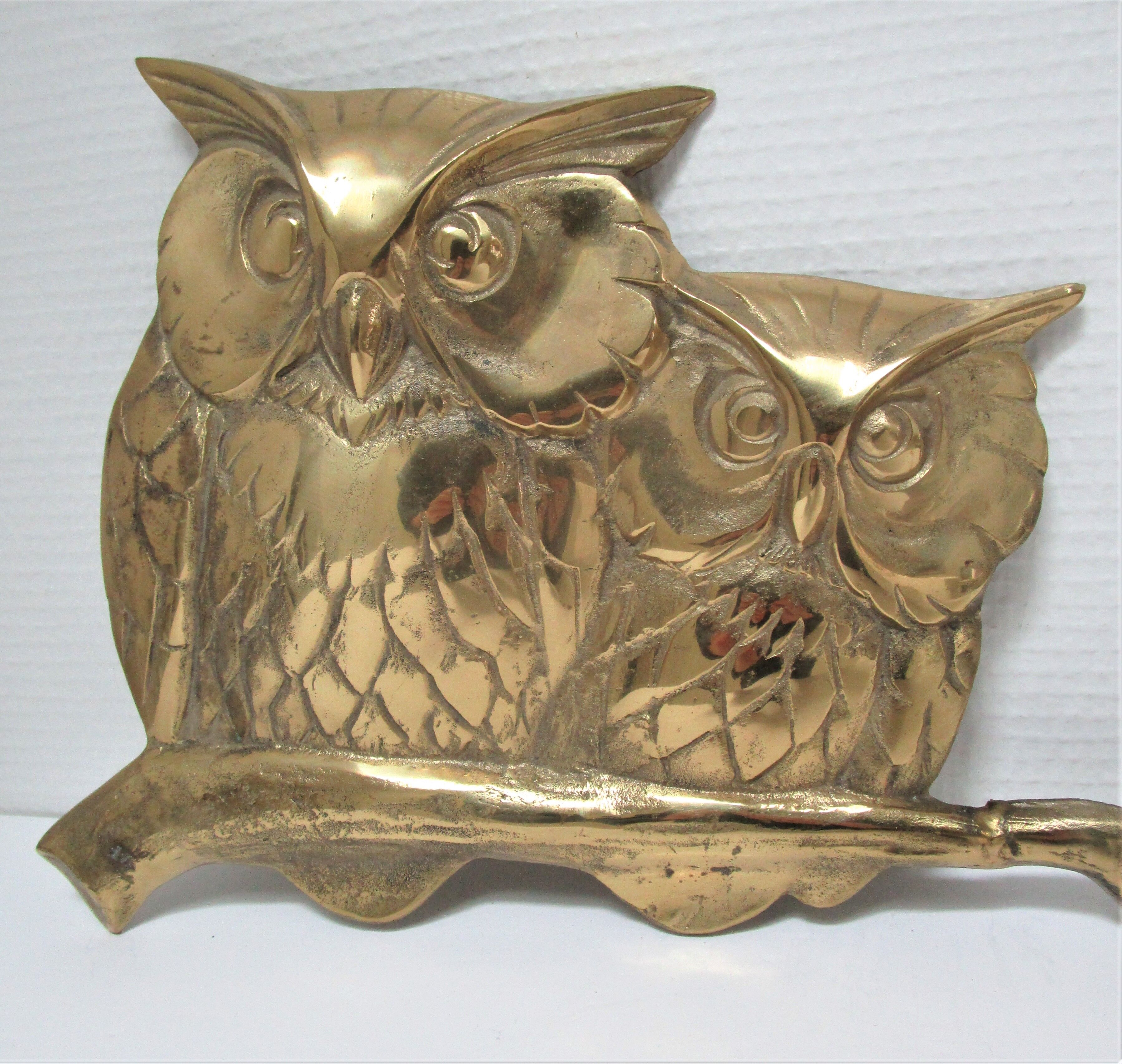 Three owls on a massive brass branch vintage wall decoration
