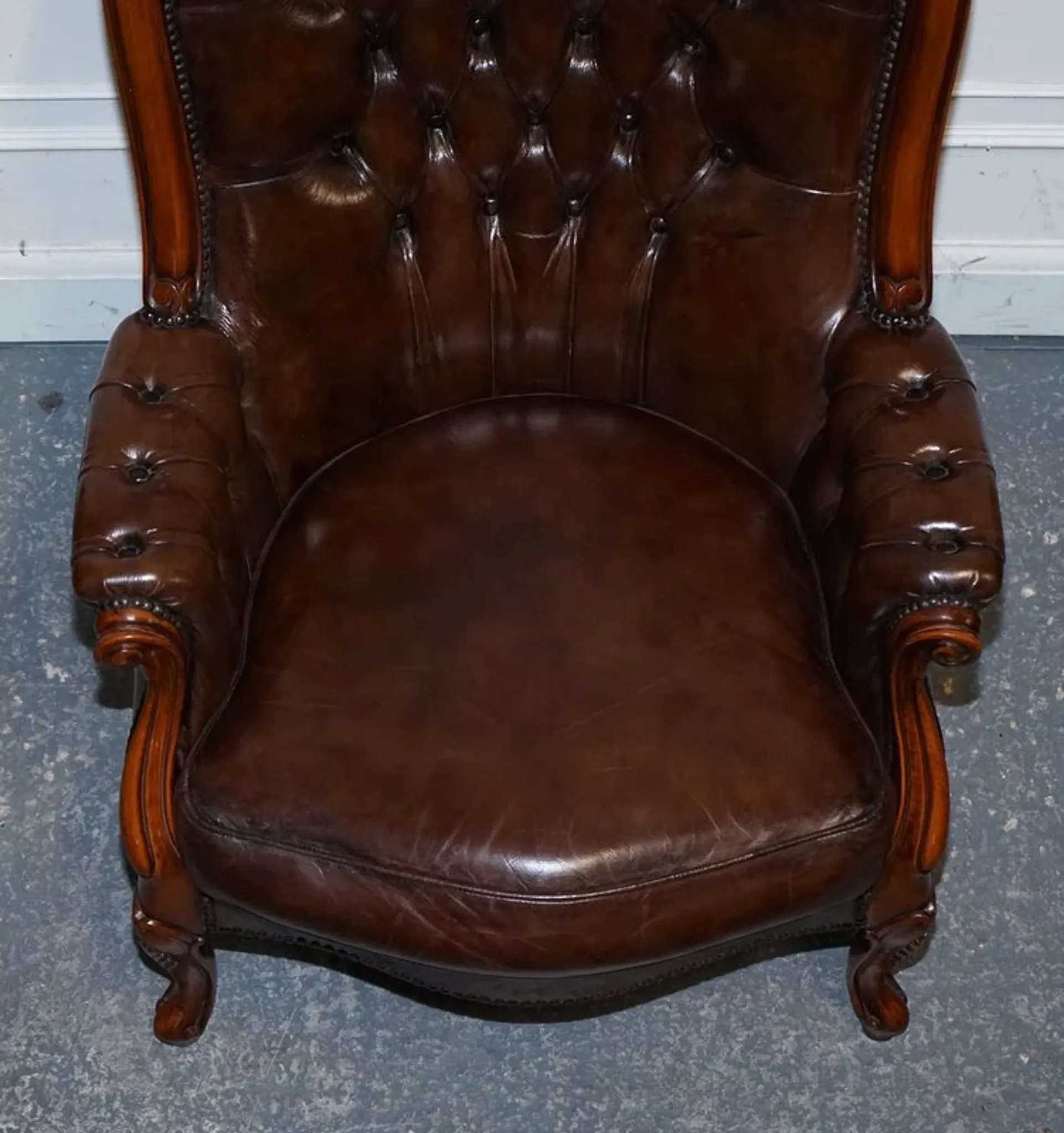 Victorian Chesterfield Leather Dyed Armchair and Ottoman Set