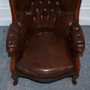 Victorian Chesterfield Leather Dyed Armchair and Ottoman Set
