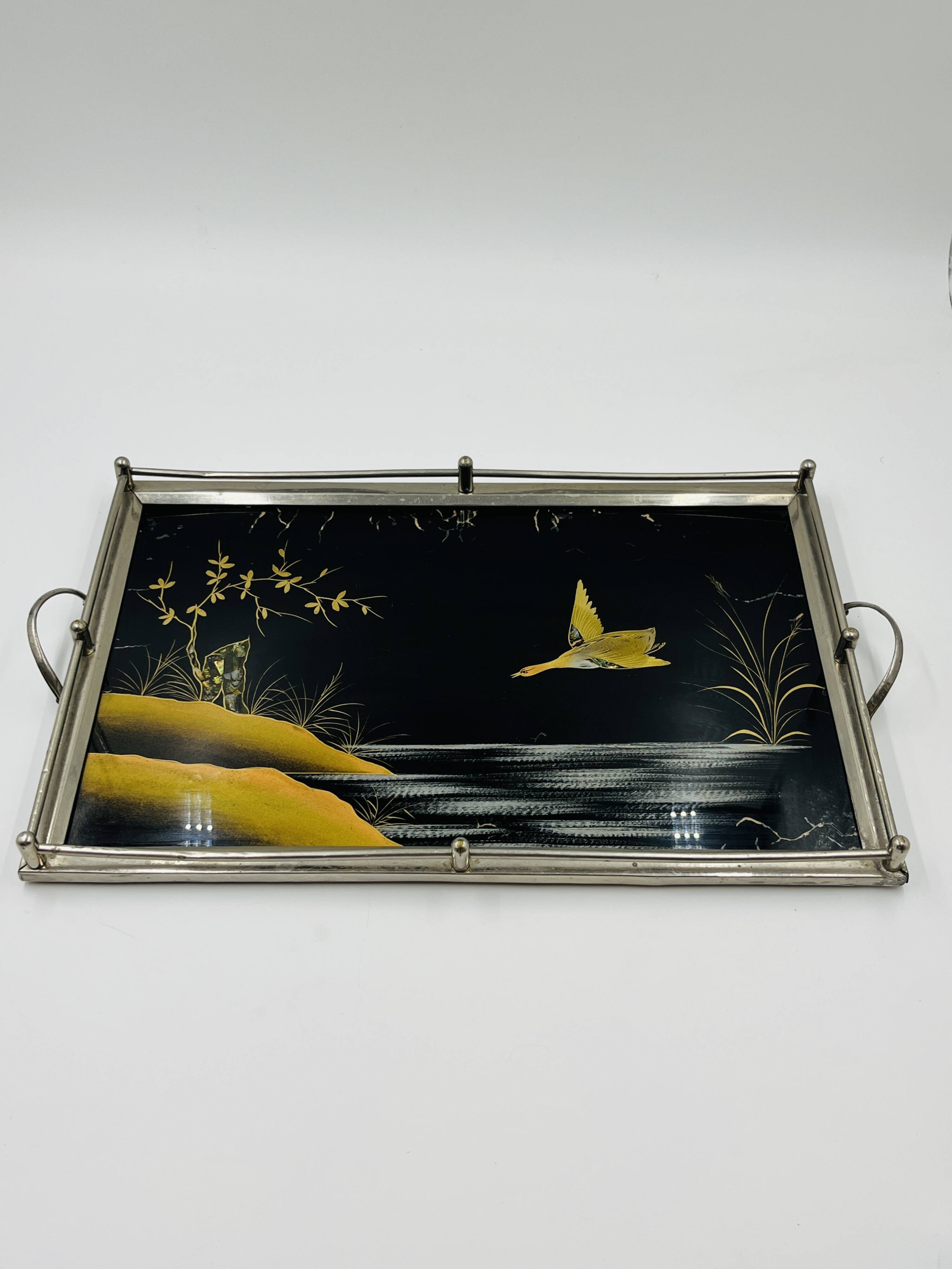 Plateau Art Déco en fixé sous verre et nacre
