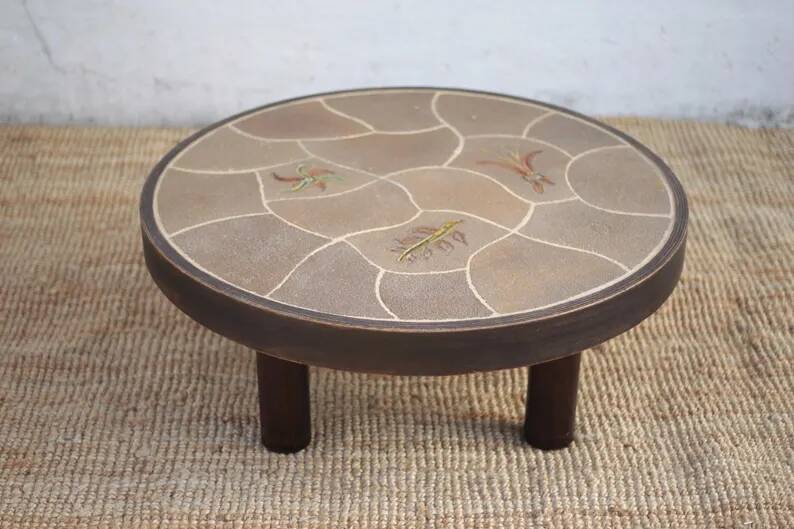 Coffee table signed Barrois, wood and stoneware table with plant decoration, France, interior decor.