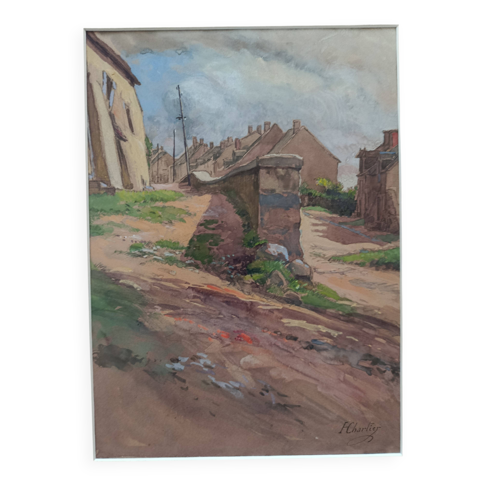 Watercolor by henri chartier: village streets around 1900, military painter