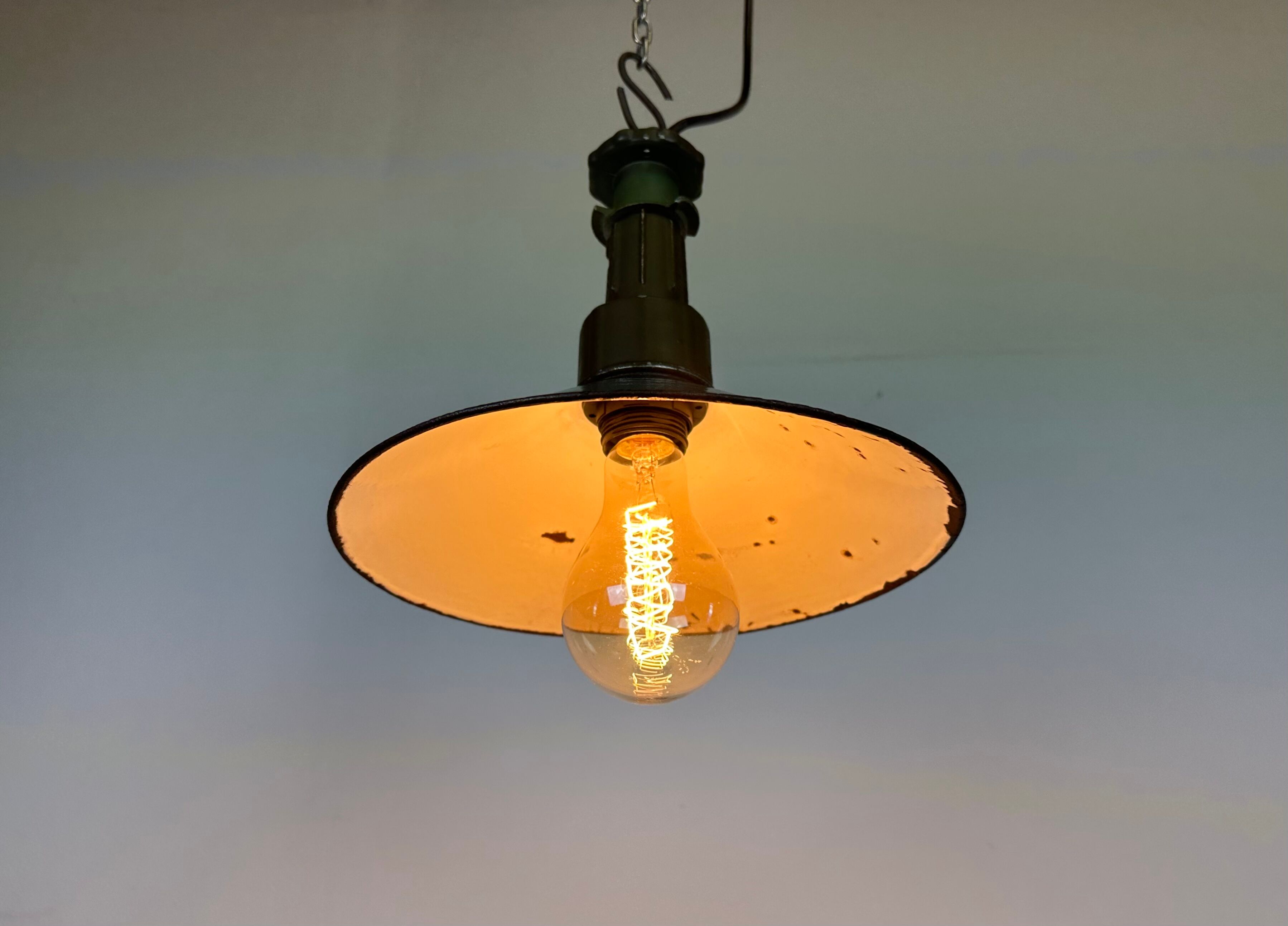 Industrial Green Enamel Factory Pendant Lamp with Cast Aluminium Top, 1960s