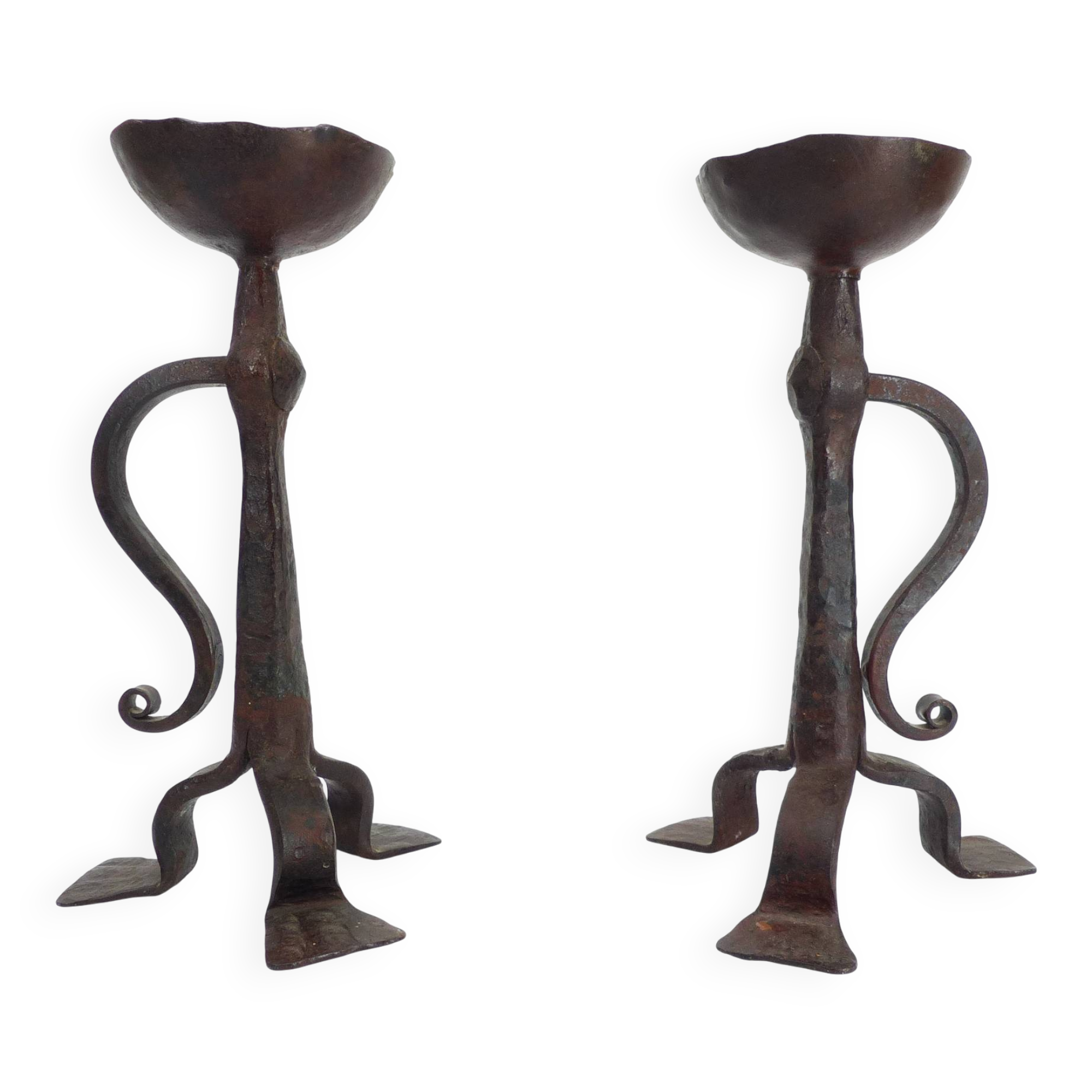 Pair of tripod candlesticks in wrought iron, neo-Gothic style, French work.