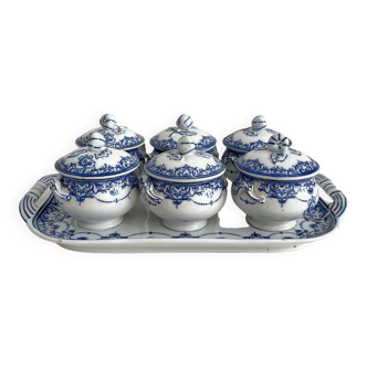 Set of 6 cream pots on iron earthenware tray Creil and Montereau 19th century