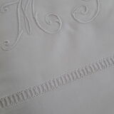 Antique sheets in white linen thread and 2 monogram pillowcases