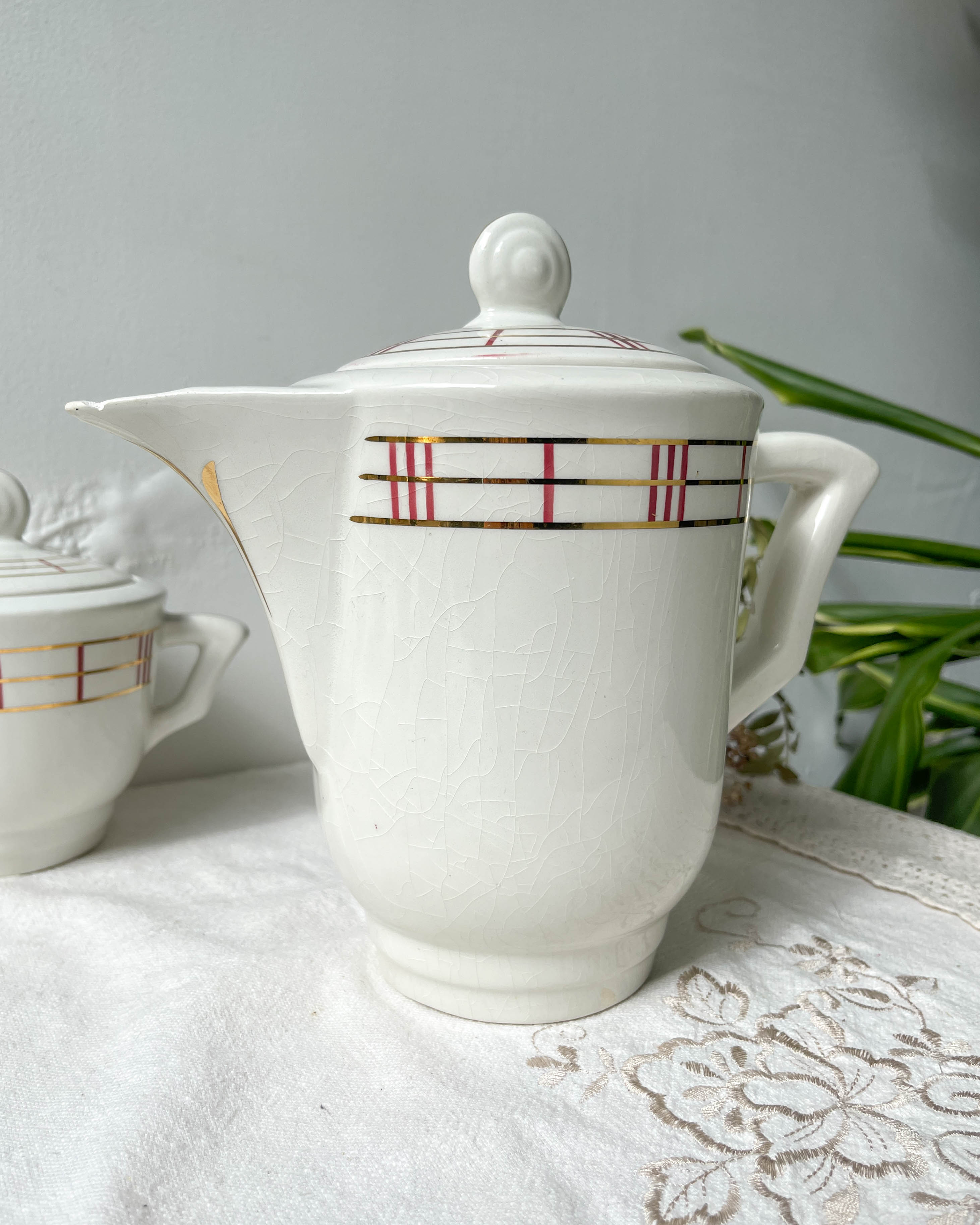 Vintage tea set in white porcelain with stripes, Moulin des Loups orcerame model "Richelieu"