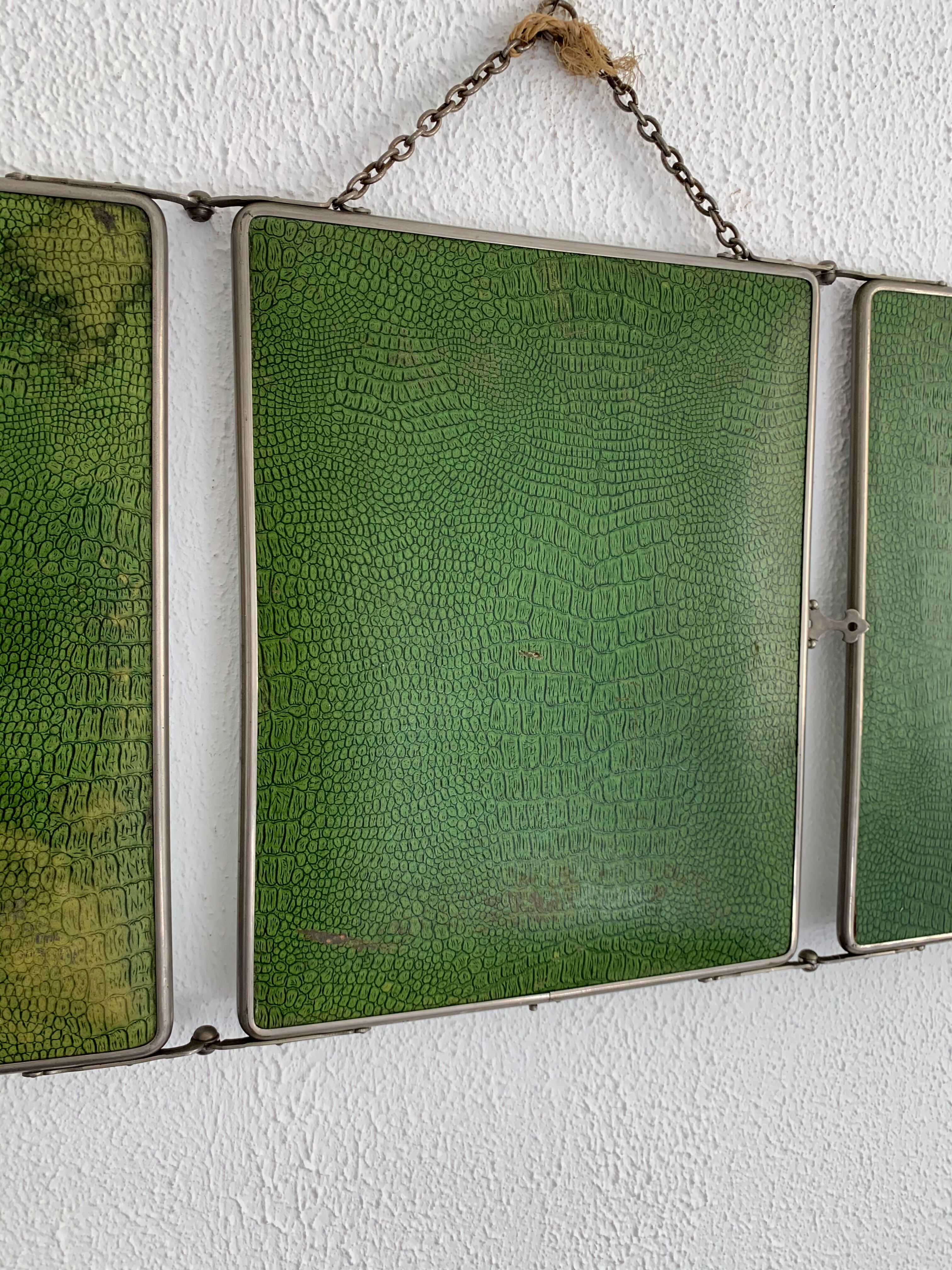 Vintage mirror 1930 triptych barber lime, 30 x 78 cm