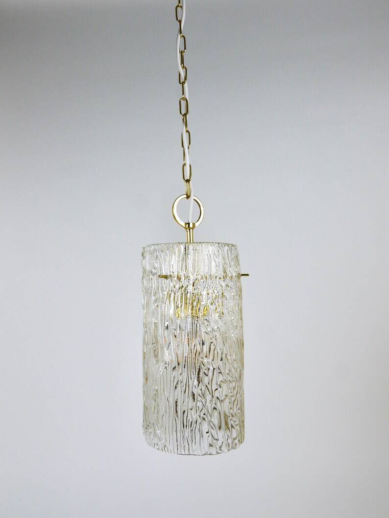 J.T. Kalmar Vienna Midcentury Textured Ice Glass Tube Brass Pendant Lamp, Austria, 1950s