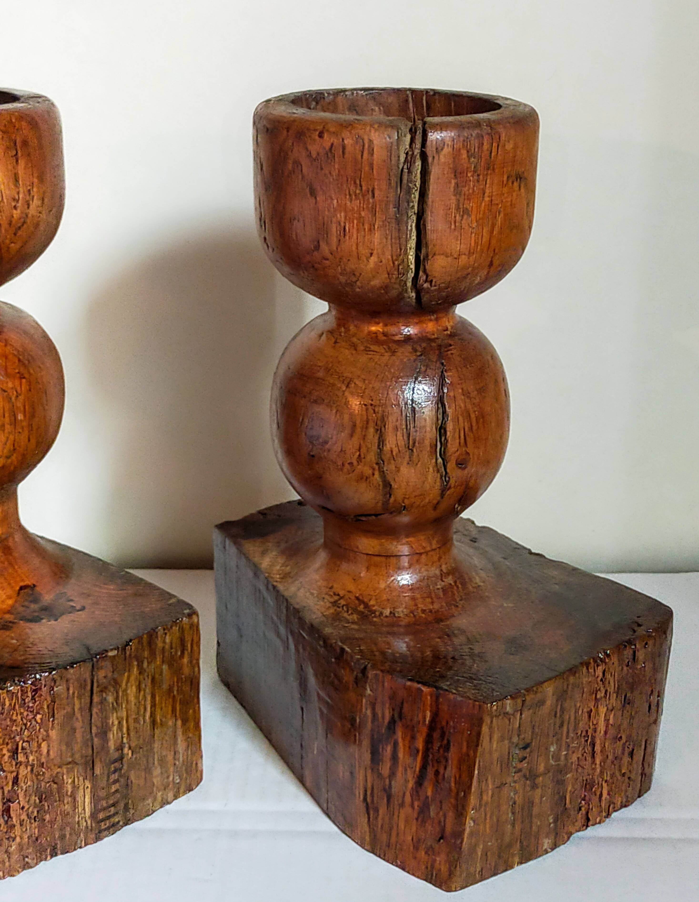 Pair of old brutalist turned solid wood candlesticks