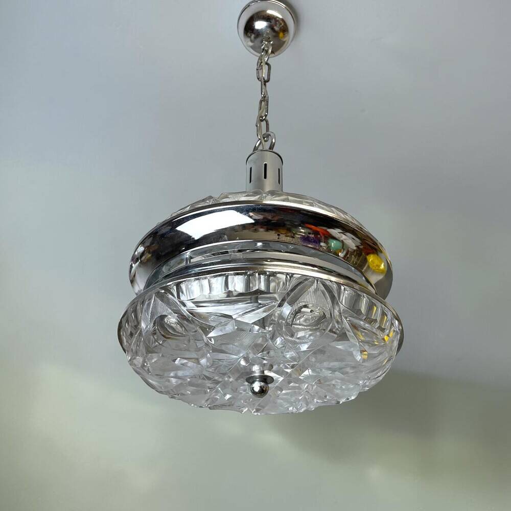 Mid Century Italian Modern glass and chrome hanging lamp